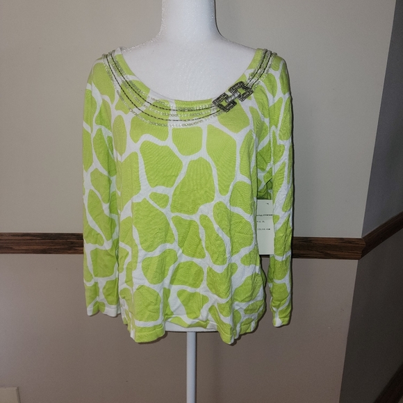 NWT BEREK Sweater Misses sz XL Lime Green White Beaded Y2K - Picture 6 of 8